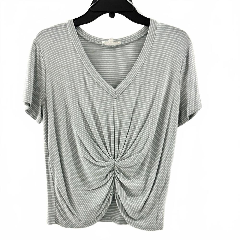 June & Hudson Cropped Blue-Gray Knit Top Striped Short Sleeve Shirt- Size Small